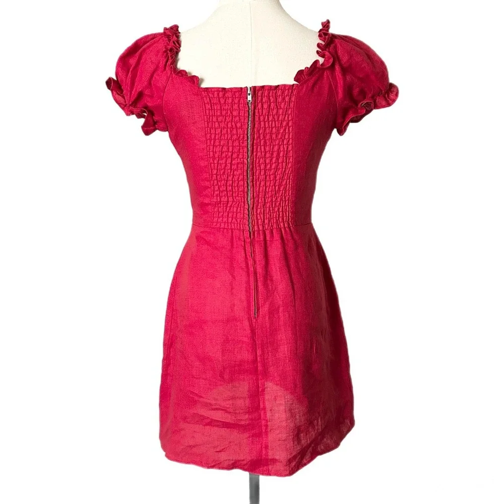 Reformation Klara 100% Linen Mini Dress Lipstick Red Lace-Up Puff Sleeve Size 2